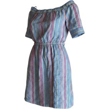 FRAME Women Blue Purple Striped Linen Off Shoulder Mini Dress LWWD0100 Size L