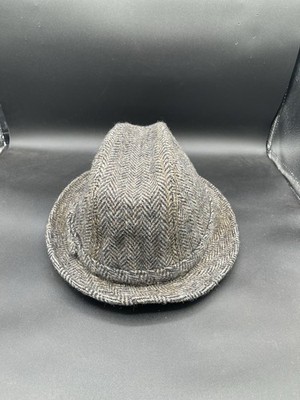 Harris Tweed Herringbone Tweed Wool Fedora Trilby Hat Gray Brown Size L