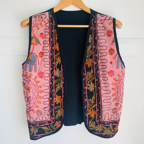 Embroidered Boho Linen Waistcoat Women Medium UK 10 12 Pink Black Hippy Festival