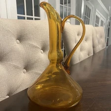 Vintage Empoli 11" Hand Blown Amber Flat Bottom Glass Ewer Pitcher MCM