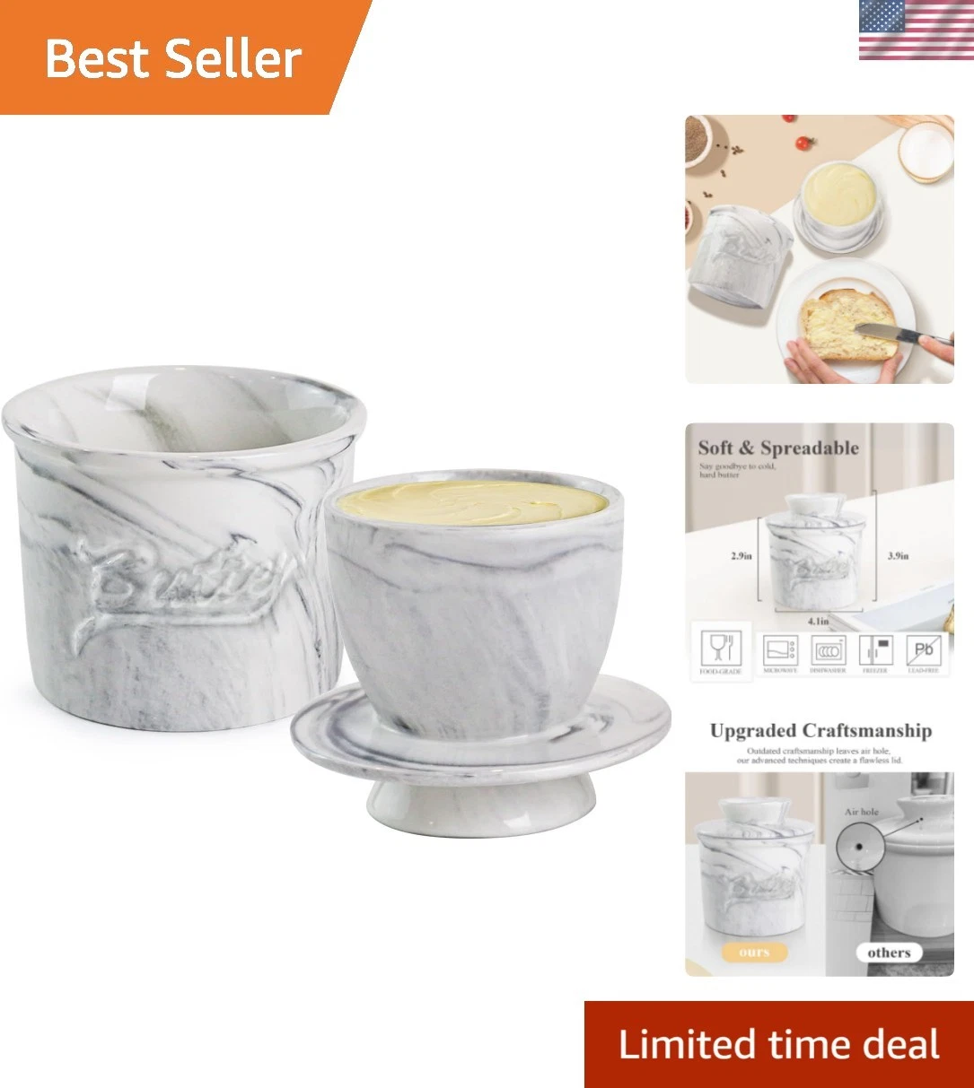 Butter Crock for Counter with Water, French Butter Keeper for Spreadable Butt...