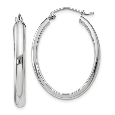 Real 14K White Gold Polished 3.75mm Oval Tube Hoop Earrings; Women & Men