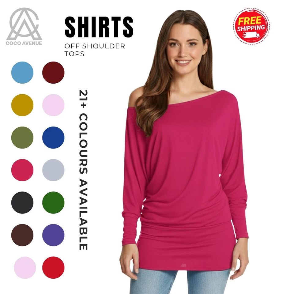 Womens Off the Shoulder Tops Baggy Long Sleeves Tunic Tops Loose Batwing Jumpers - Image 1 of 1