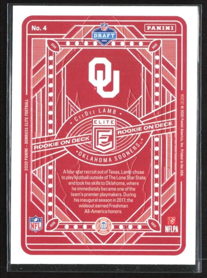 CeeDee Lamb 2020 Panini Elite Deck RC #4 Oklahoma Sooners - Image 2 of 2