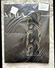 Black Gold Baroque Pattern Tights NOS M Sheer Voila Vintage Hosiery