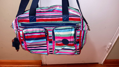 Kipling Multicolor Striped Shoulder Bag Zip Top Outer Pockets Monkey Charm