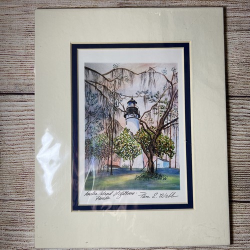 Pam Webb Amelia Island Lighthouse Watercolor Matted Painting 8x10”