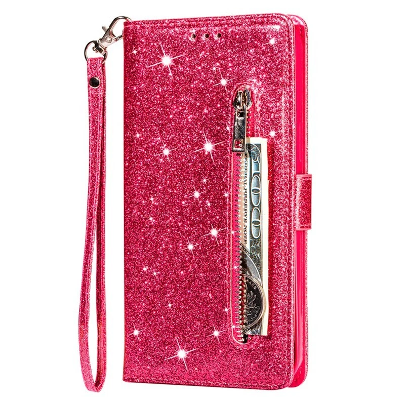 Glitter Leather Wallet Case Women's Zip Flip Cover for Samsung A14/A24/A34/A54 - Image 3 of 4