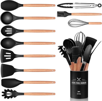 12-teiliges Küchenutensilien-Set, Silikon-Kochutensilien mit Halter, Naturholz