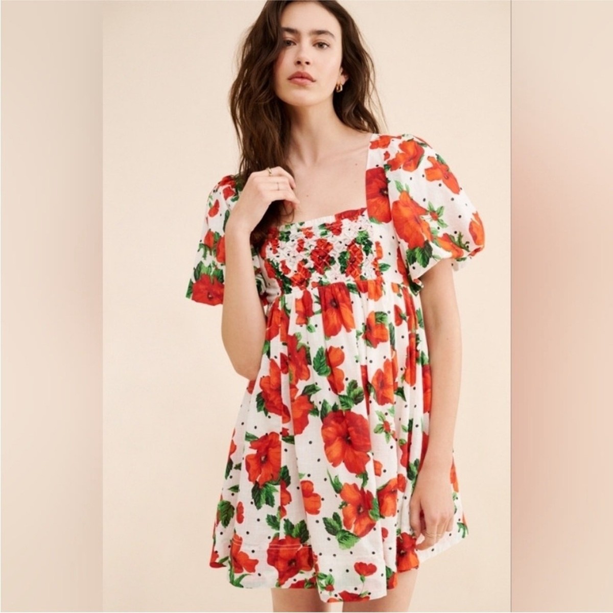 maeve square neck babydoll mini dress Anthropologie Maeve Floral Polka Dot Square-Neck Smocked Babydoll Dress New!