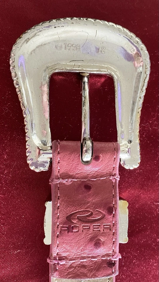 Vintage Western Top Grain Ostrich Embossed Leather Pink Belt With Conchos - Image 4 of 4