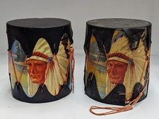 2 Vintage Child's Toy Pow Wow Drum Native American Graphics Indian Chief Canoe