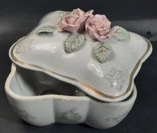 Trinket Box Lipper & Mann (L&M) Bond Ware Ceramic Box White with Roses Gold Trim