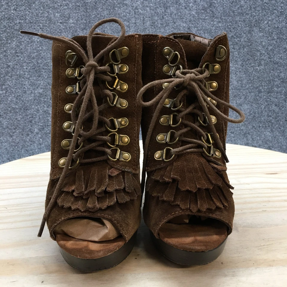 Botín de tacón NYLA para mujer 7 marrón Sabie Kiltie flecos punta abierta con cordones gamuza Foto 4 de 4