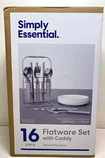 Simply Essential 16 pc. Stainless Steel Flatware Set Gray Handles +Chrome Caddy