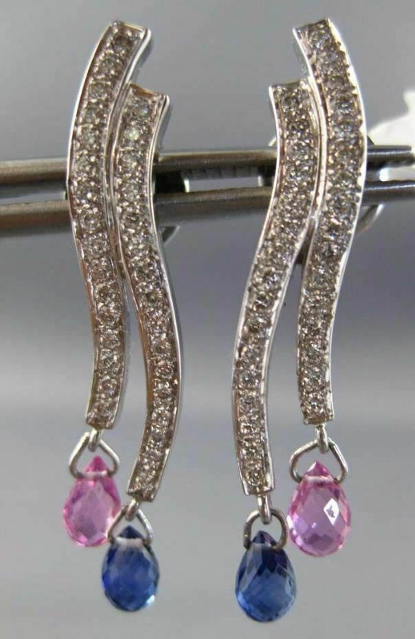 FILA ORECCHINI ESTATE 2 11 CT DIAMANTI E ZAFFIRO ROSA E BLU AAA ORO BIANCO 18K DUE FILE