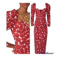 NWOT Carolina Herrera Rose-Print Puff-Sleeve Ruched Midi Dress - BCI Cotton