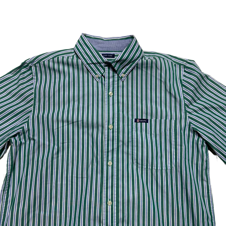 Ralph Lauren Chaps Shirt Mens Medium Green Striped Easy Care Button Up Casual - Image 2 of 4
