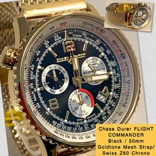 50mm Black FLIGHT COMMANDER | Goldtone Band | Swiss Z60 Chrono CHASE DRUER Watch