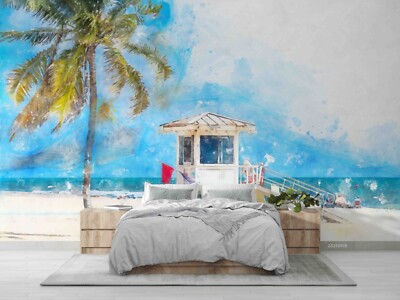 3D Palm Trees Sky Tropical Watercolor Self-adhesive Removable Wallpaper Murals 2