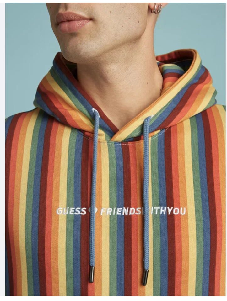 Guess Men’s FriendsWithYoue Pullover Hoodie Sweatshirt In Rainbow Size XS - Image 3 of 4