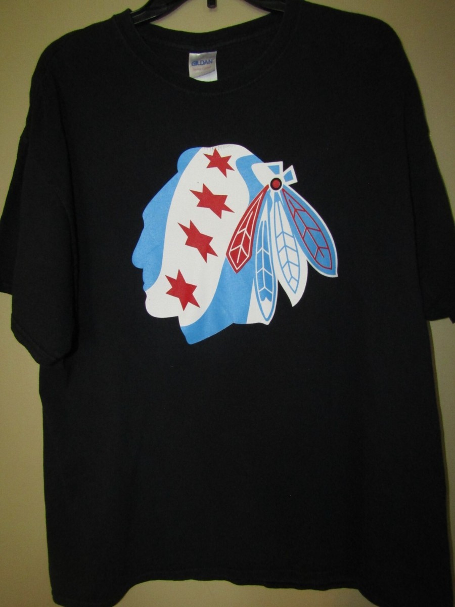 GILDAN Chicago Blackhawks CHICAGO FLAG Blackhawk Logo BLACK T