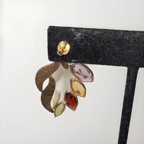 14 K Gold Amethyst Citrine Garnet Peridot Dangle Leaf Earrings 1.5" Long 5.89g - Picture 5 of 10