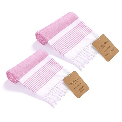 Linen Hub Peshtemal Turkish Beach Towels Cotton Set of 2 Extra Pack of