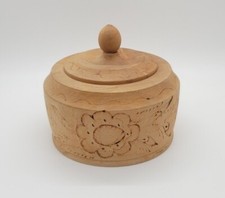 Vintage MCM Hand Turned Wooden Bowl w Lid Boho Jewelry Trinket Box Farmhouse