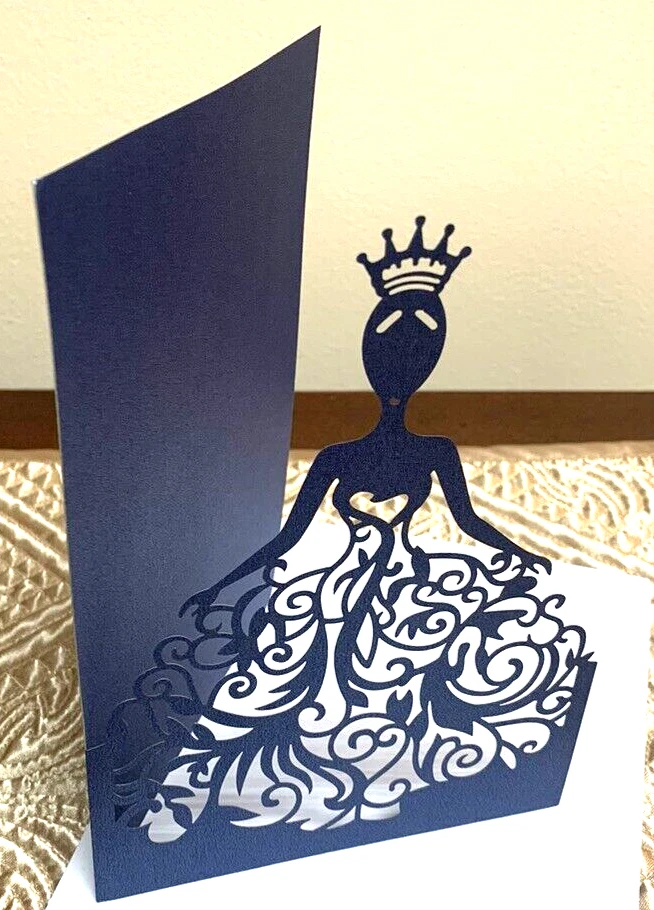 Blue Princess Crown Tiara Bride Dress Elegant Gown Die-Cut Blank Greeting Card - Image 2 of 4