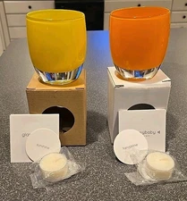 Glassybaby Candle Holder Set Of 2 Hand Blown TANGERINE & SUNSHINE EUC ORNGE YELW