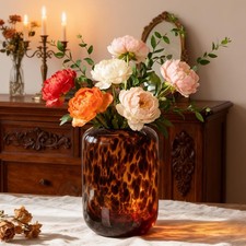 Amber Brown Glass Vase – Round Art Glass Vase with Tortoise Shell Pattern, Ha...
