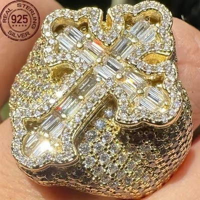 925 Silver Iced Cross Ring 5A CZ Hip Hop Bling Rapper Jewelry Men