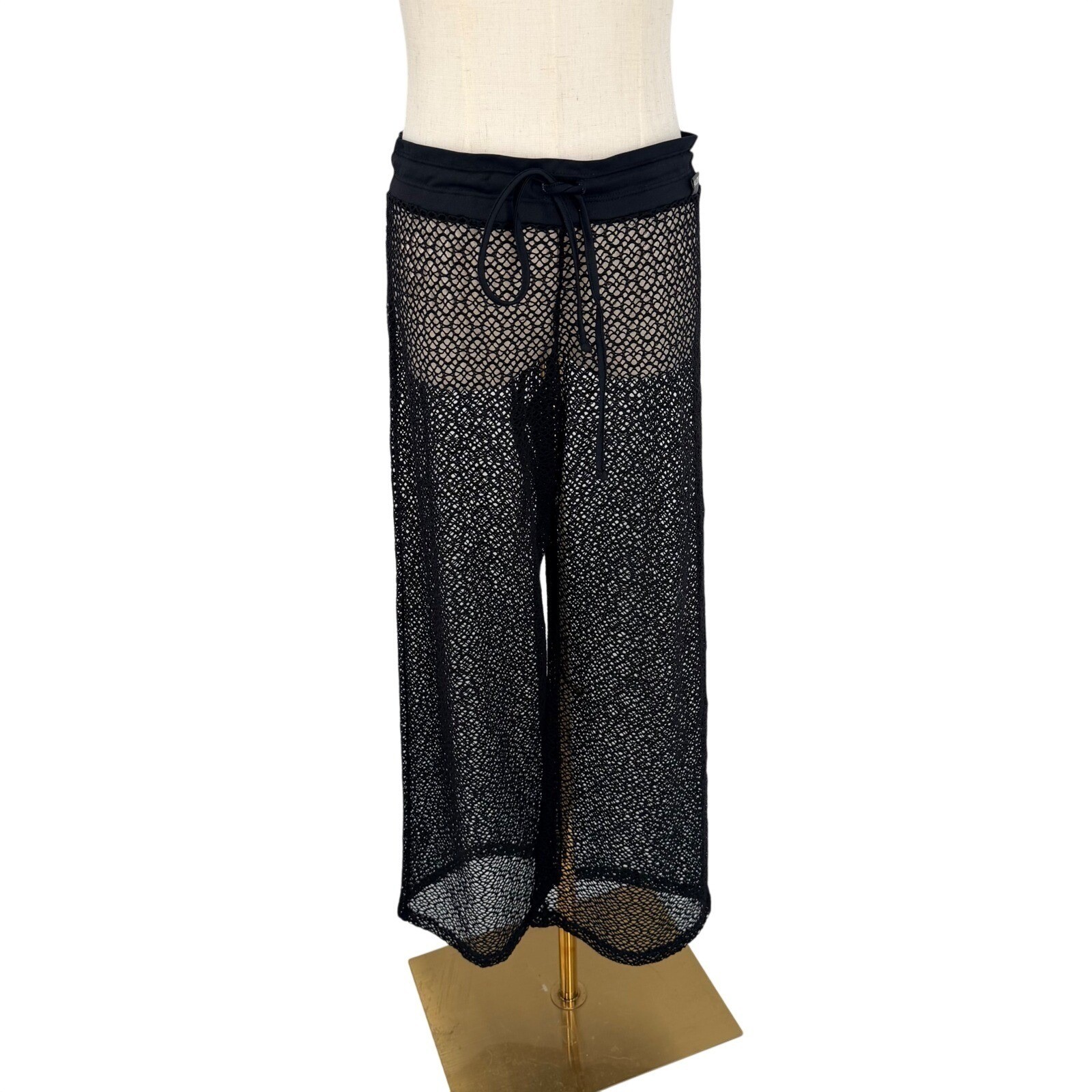 Swimsuit Cover Up Wide Leg Pants Womens M Black Mesh Crochet Drawstring Vacation-image