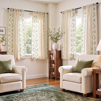 Sage Green Floral Linen Curtains 63'' - 4 Panel Drapes for Living Room