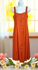 Shein Boho Midi Linen Blend Dress Sz XS Sleeveless Button Front Reddish Orange