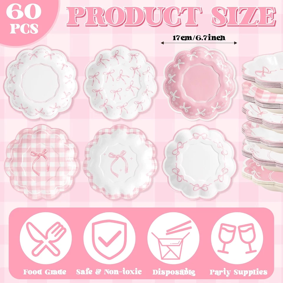 Platos de papel con lazo rosa - 60 piezas platos de flores desechables de 7 pulgadas platos para Se... Foto 3 de 4