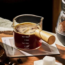 1PC Heat-Resistant Glass Espresso Measuring Cup with Wooden Handle Coffee Mug