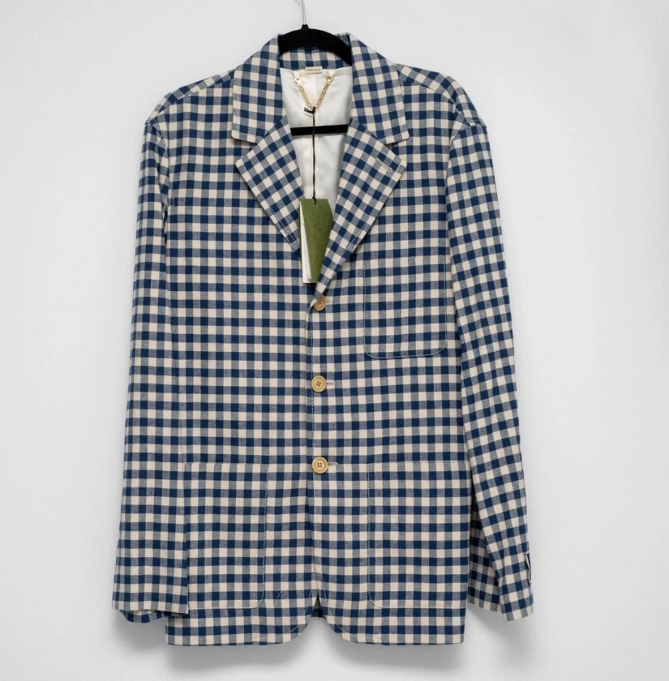 Talla 48 M - Chaqueta Gucci Gingham Algodón Lino Cuadros Blanco Azul Foto 4 de 4
