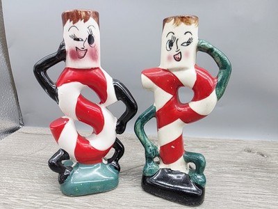 Vintage 1960s Anthropomorphic Candy Cane Salt &  Pepper Shakers Japan  Stoppers