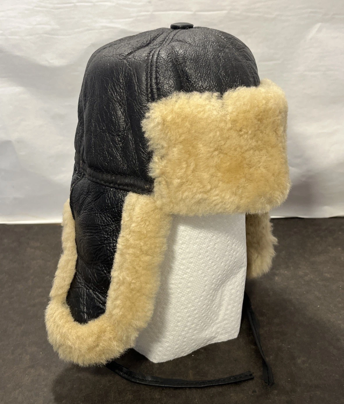 HASKO Leather Trapper Hat Fur Lined Aviator Bomber Russian Ear Flaps XXL Black