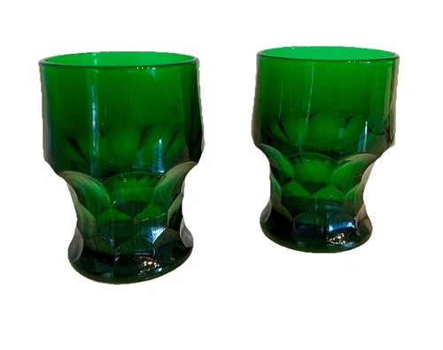 Two Vtg Anchor Hocking Georgian Emerald Green Glasses Honeycomb 4.25" Tumblers *