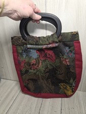 Vtg Floral Purse Knitting Bag Style Wood Handles GrandmaCore Cottage Boho Tote