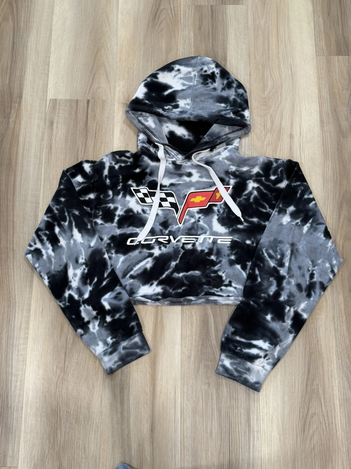 Chemistry Tie Dye Corvette logoCropped Raw Long Sleeve Hoodie. #0088