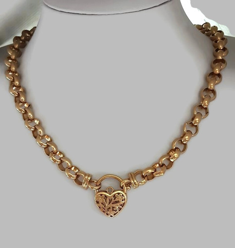 18k GL Chunky 10mm Belcher Gold Necklace with Filigree Heart Padlock 50cms