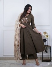 Indian Women  s Brown Anarkali Kurta Set with Embroidered Yoke  Dupatta