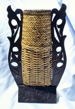 BOHEMIAN NATURAL WOVEN VASE BASKET WOODEN CARVED HANDLES UNIQUE HOME DECOR 13"