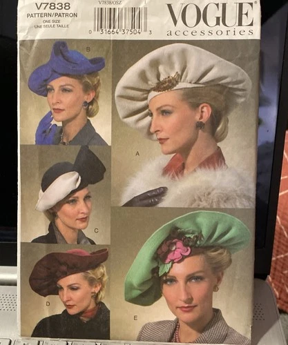 Vogue Misses Vintage Hats One Size Uncut Pattern V7838