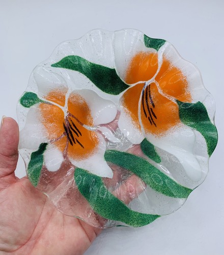 Vtg Sydenstricker Fused Glass Salad Plate Bowl Orange Tropical Flower - Picture 4 of 6