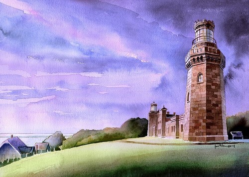 Navesink Twin Lights Highlands New Jersey Leuchtturm mattiert Aquarell Kunstdruck - Bild 1 von 2